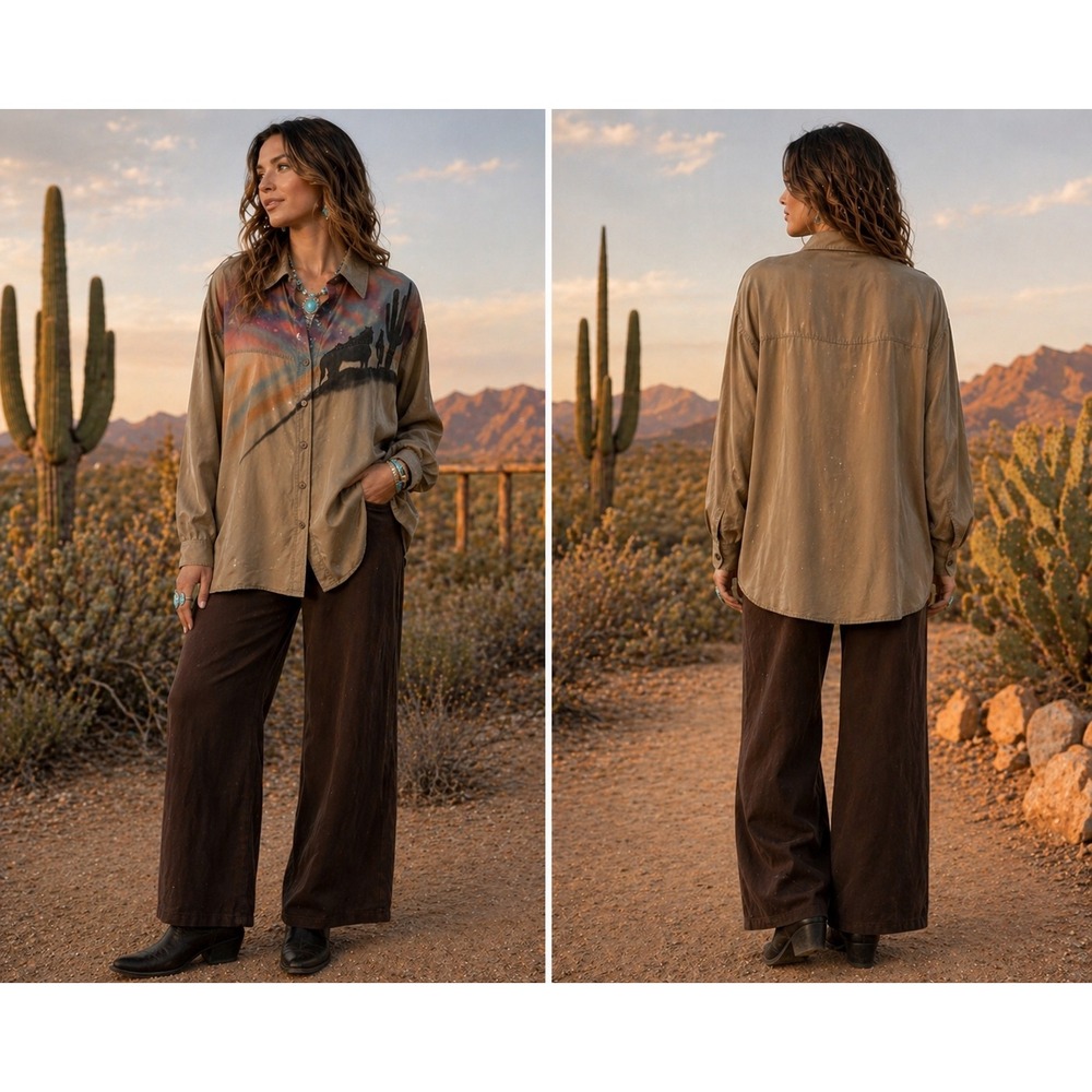 Vintage Wanted 100% Silk Unique Artisan Western Hand Painted Desert Shirt Medium